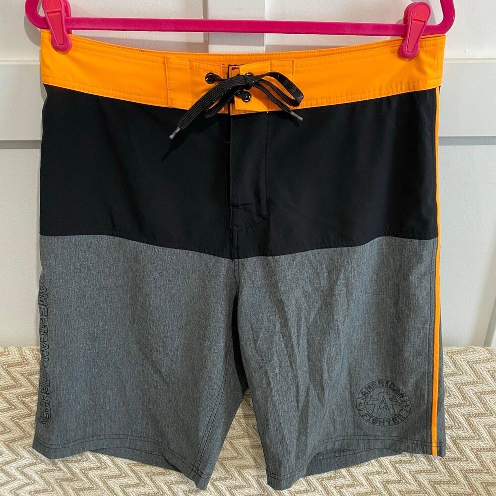 American Fighter Men’s Headlands Board Short Swim Trunks Orange Grey Size 32